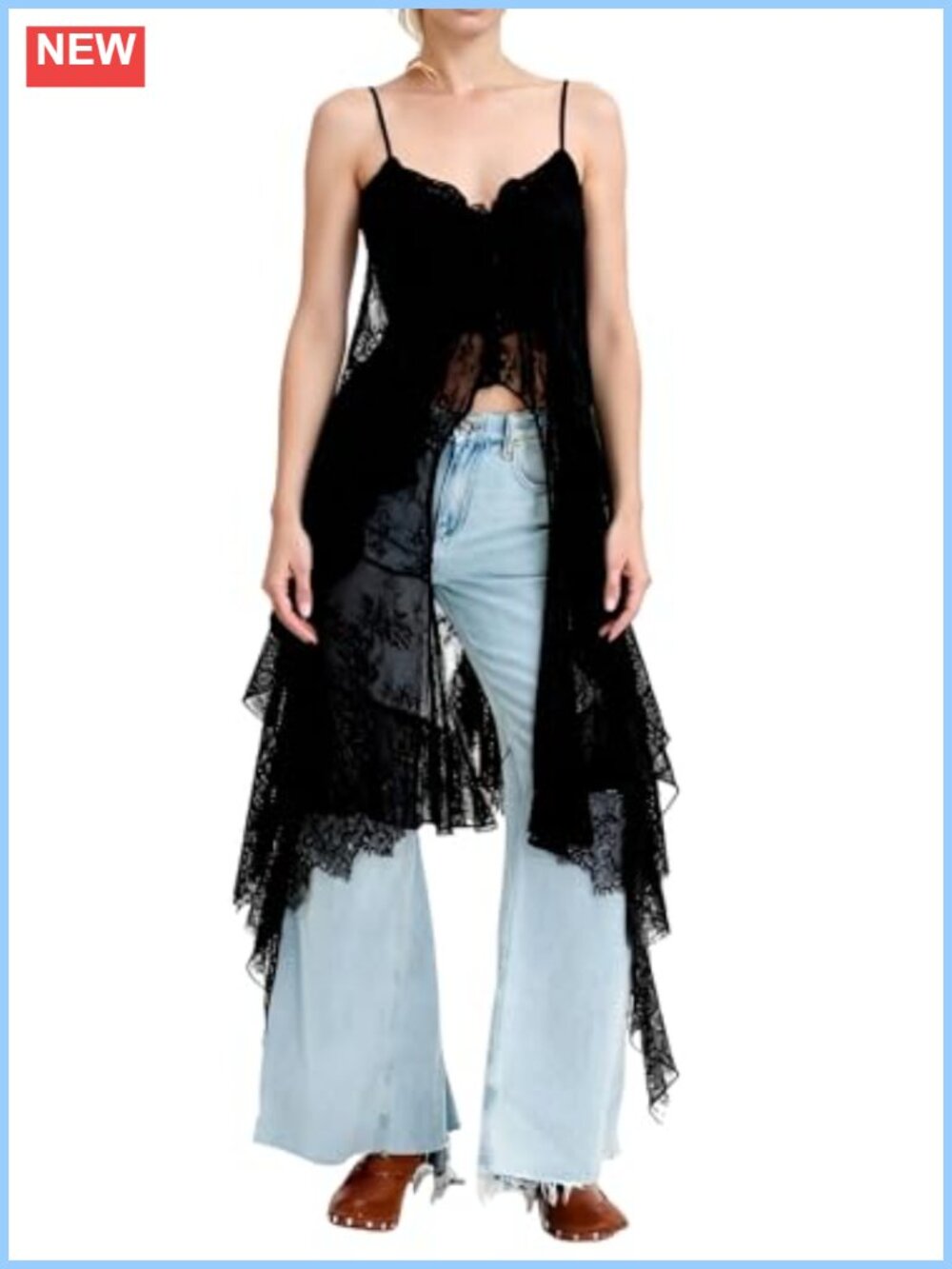 Lace Flowy Cami Top Spaghetti Strap Sheer Layering High Low Women